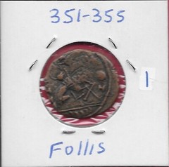 ROMAN EMPIRE,FOLLIS 351-355 CONSTATINE II(337-361)SOLDIER SPEARING FALLEN HORSEM