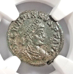 Gratian Western Roman Empire 367-383 NGC AU Nummus AE3 Soldier Captive Kneeling