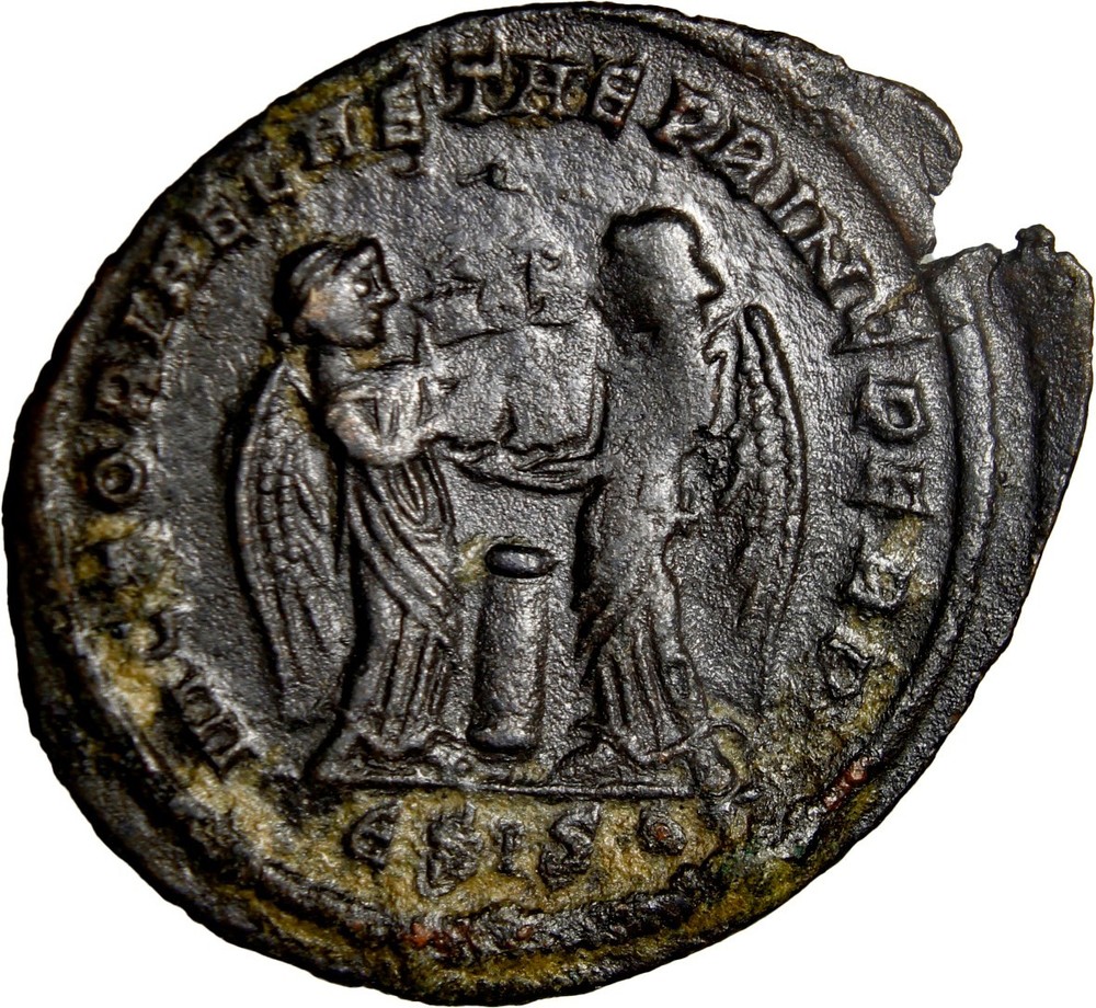 Crispus Roman Follis Plate Coin Tesorillo 25 Siscia – Two Victories – RIC 87 EF
