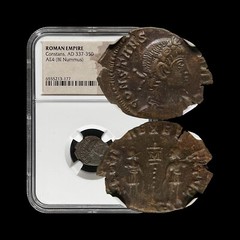 ROME. 346, Æ4 Nummus – NGC AU – Constans, GLORIA EXERCITVS, Trier, Crescent