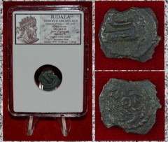 Ancient Coin Judaea HEROD ARCHELAUS Galley Bronze Half Prutah Jerusalem 4BC-6AD