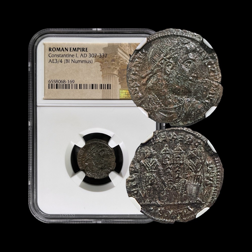 ROME. 330, Æ3/4 Nummus – NGC XF – Constantine I, GLORIA EXERCITVS, Cyzicus, Dot