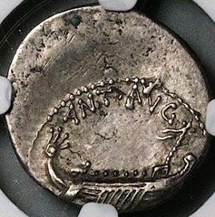 32 BC NGC Ch VF Marc Antony Denarius Legion XVIII Roman Galley (25042001D)