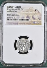81-96 AD Roman Empire Domitian AR Denarius NGC VF SPQR Collection Story Vault