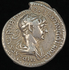 Roman Coin Trajan AR Denarius Fortuna Rudder FORT RED in exergue Rome 116 AD.