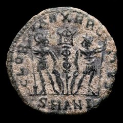 *Lucernae* Delmatius 1/2 Follis GLORIA EXERCITVS / SMANI (7461) Antioch 336 AD