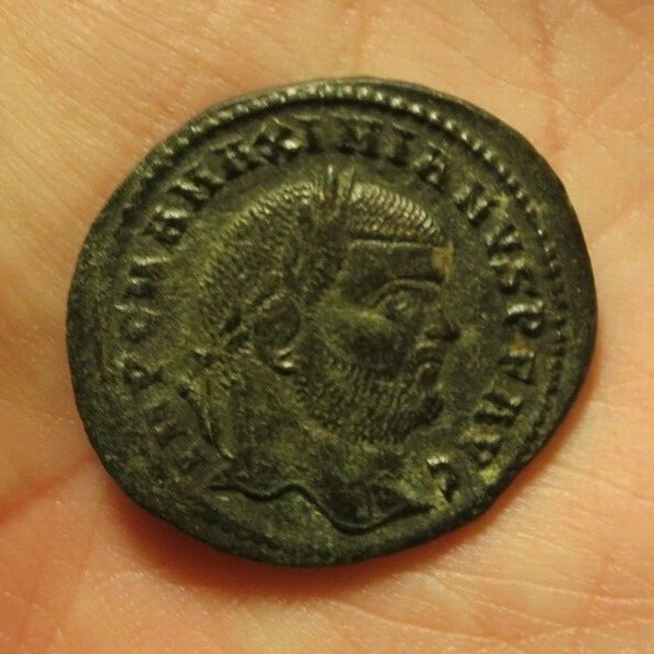 AE Silvered Billon Follis of Maximianus – Genius Populi Roman Tetrarchy EF