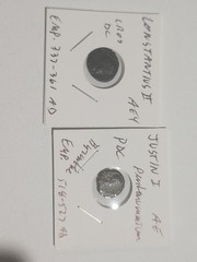Lot Of 2 Ungraded Roman Coins Constantius II 14-15mm, JUSTIN I w/ TYCHE 13mm