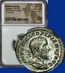 238 AD Pupienus Ancient Roman Silver Coin AR Denarius NGC AU Scarce & Gorgeous