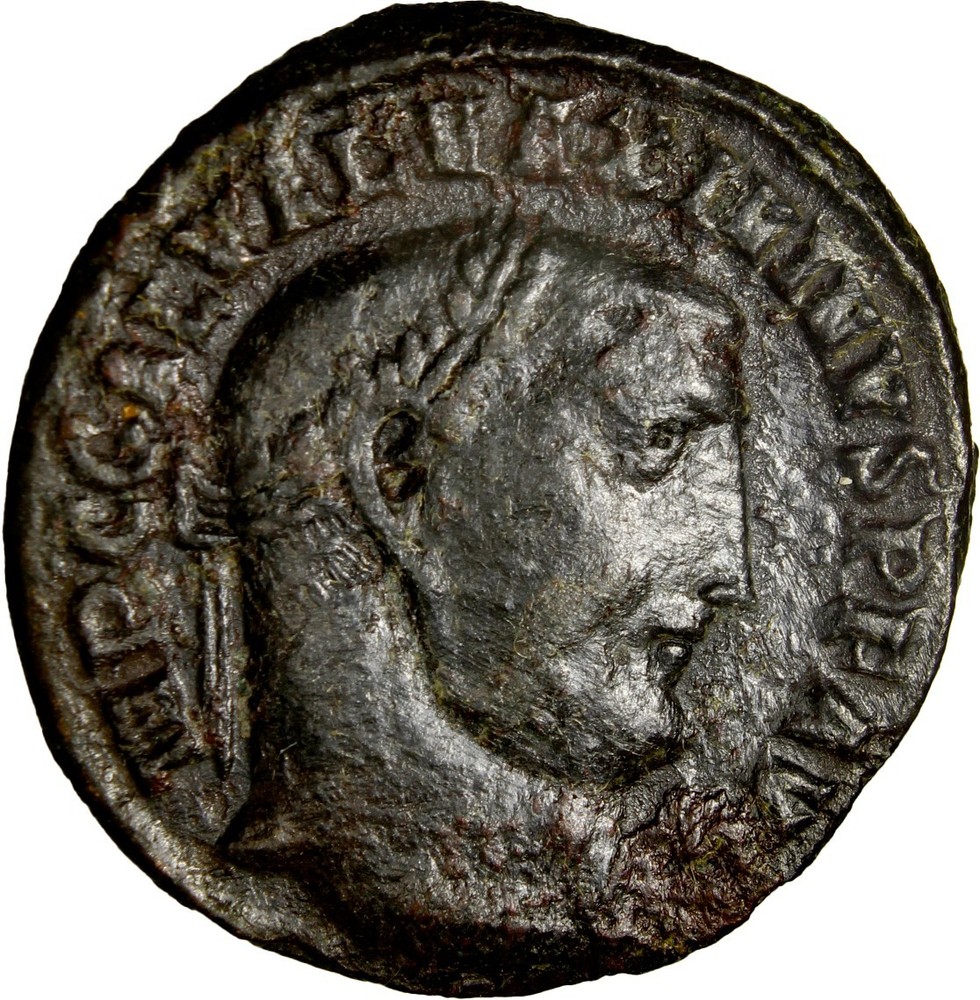 Maximinus II Roman Follis Antioch 312 AD RIC 164b Genius holding Sol Head aVF