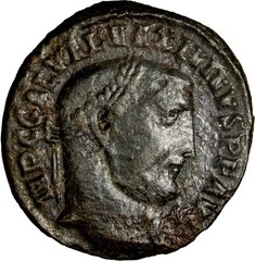 Maximinus II Roman Follis Antioch 312 AD RIC 164b Genius holding Sol Head aVF