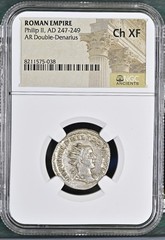Roman Empire: Phillip II (AD 247-249) – Silver – Double Denarius – NGC CH XF