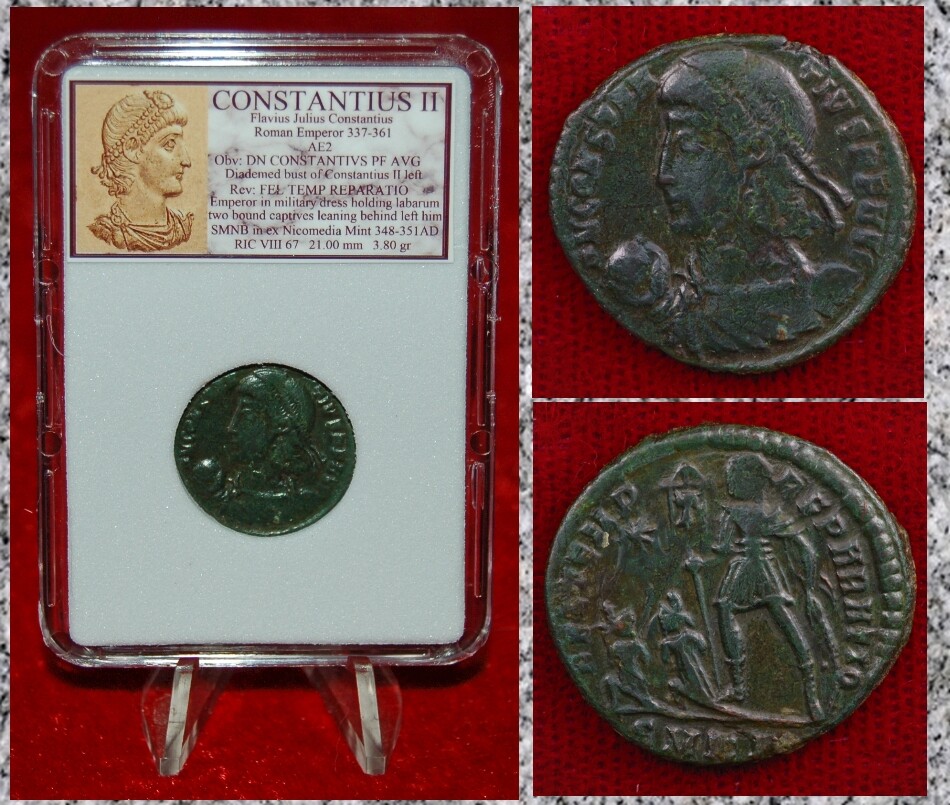 Ancient Roman Empire Coin CONSTANTIUS II Emperor In Military Dress Two captives