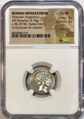 30-29 BC Octavian Augustus Ancient Roman Silver Column Denarius NGC Choice VF