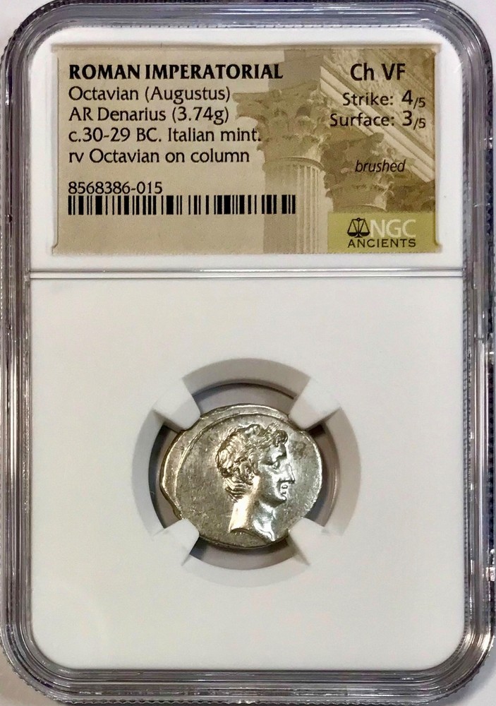 30-29 BC Octavian Augustus Ancient Roman Silver Column Denarius NGC Choice VF