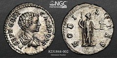 Geta, as Caesar – NGC Ch XF 5/5 2/5 – (AD 209-211). AR Denarius 19mm, 2.27g. 135