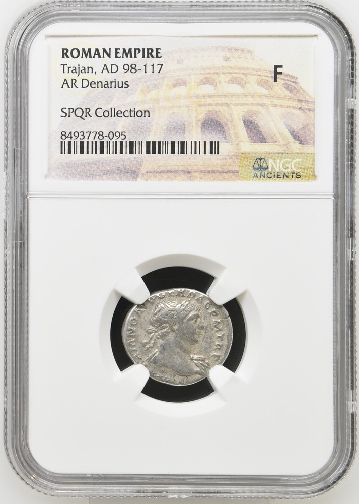 98-117 AD Roman Empire Trajan AR Denarius NGC F SPQR Collection Story Vault