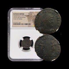 ROME. 330, Æ3/4 Nummus – NGC XF+ – Constantius II, GLORIA EXERCITVS, Antioch H.