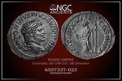 Caracalla Ancient coin NGC Ch AU. AR Denarius AD 198-217. A1182