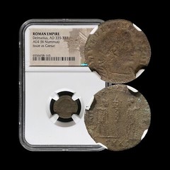 ROME. 336, Æ4 Nummus – NGC Cert – Delmatius, GLORIA EXERCITVS, Cyzicus Ϛ