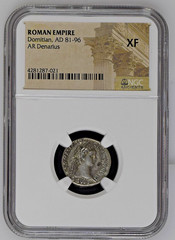 Roman Empire Domitian AD 90-91 Silver AR Denarius NGC XF Twelve Caesars Minerva