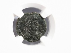 Gratian Western Roman Empire 367-383 NGC AU Nummus AE3 Captive Soldier Chi Rho