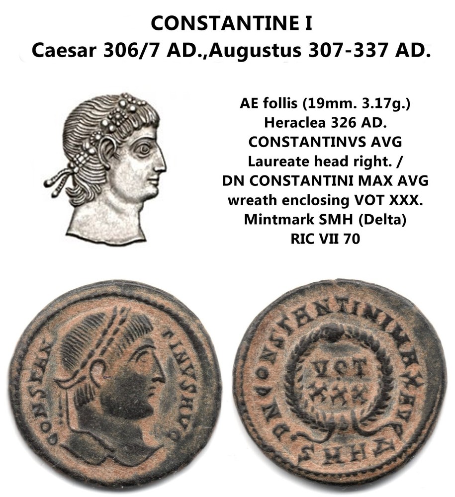 Roman Empire, Constantine bronze Follis, VOT XXX in wreath SMHΔ Heraclea (051)