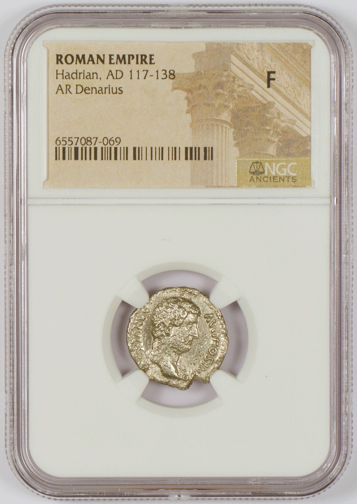 Roman Empire AD 117-138 Silver AR Denarius Coin for Hadrian, NGC Graded F