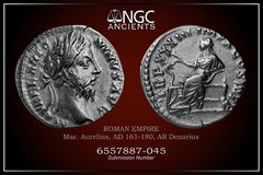 Marcus Aurelius Ancient coin NGC Ch VF. AR Denarius AD 161-180. A1237